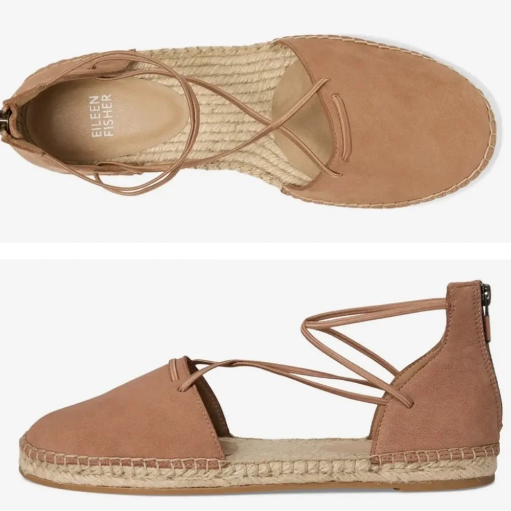 Eileen Fisher Tan Leather Espadrille Flat Elastic Straps Zip Heel Closure SZ 7